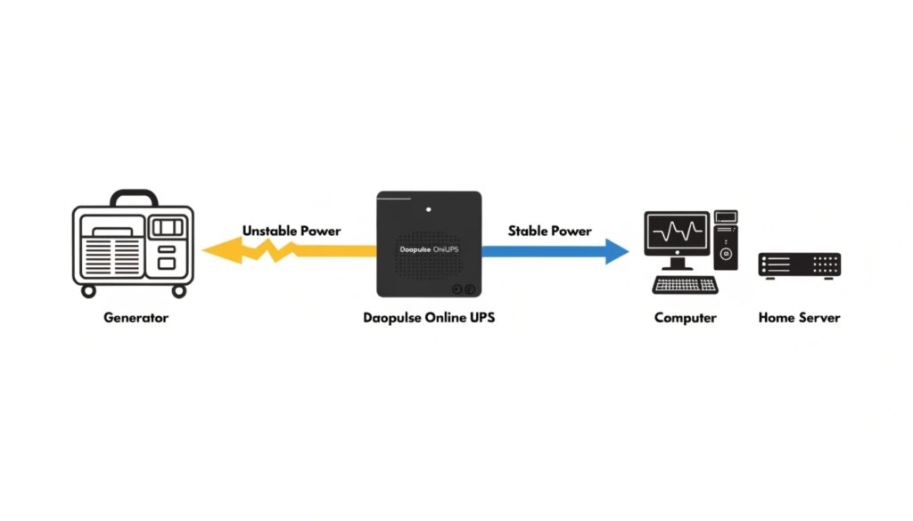 A diagram showing a generator connected to a Daopulse Online UPS, which then connects to a home server and computer