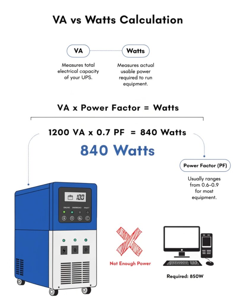 A simple graphic showing 1200VA x 0.7 Power Factor = 840 Watts, which is less than the required 850W