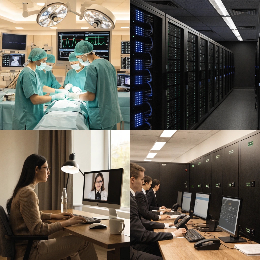 A collage showing a server rack, a hospital operating room, a bank's server room, and a person working from home