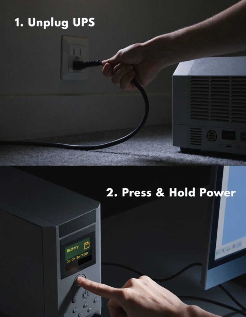 A person unplugging a UPS from a wall outlet, then pressing the power button, with the connected PC lighting up.