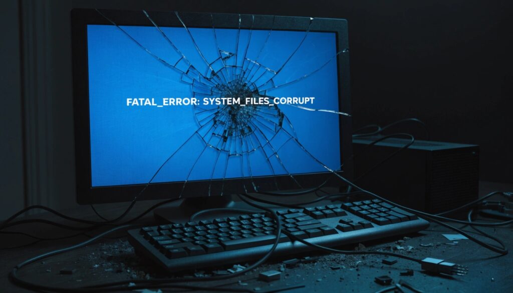 A cracked computer screen with a 'System Files Corrupt' error message, symbolizing the damage from a power outage.