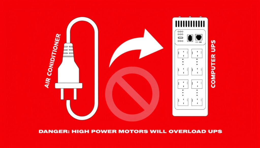 A picture of an air conditioner plug next to a UPS battery outlet, with a large, red