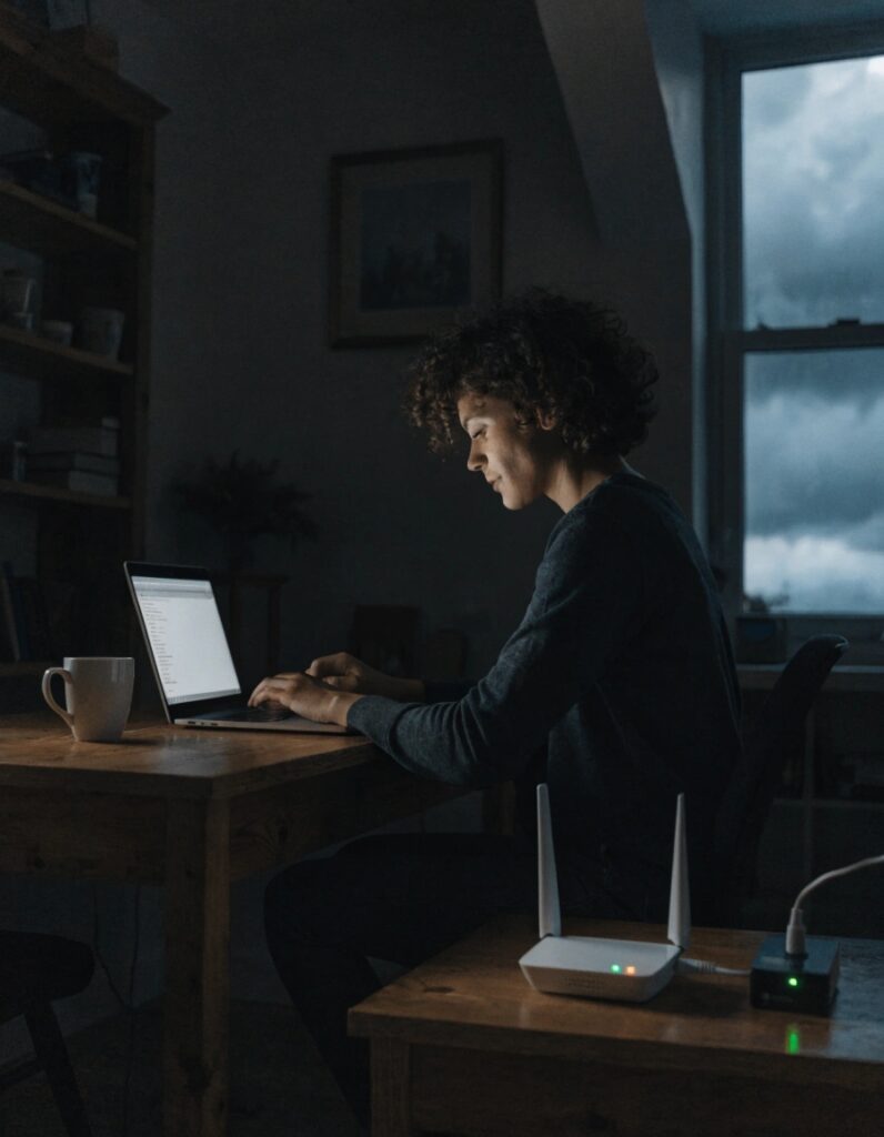 A person in a dimly lit room using a laptop connected to Wi-Fi, with the router in the background plugged into a small UPS.