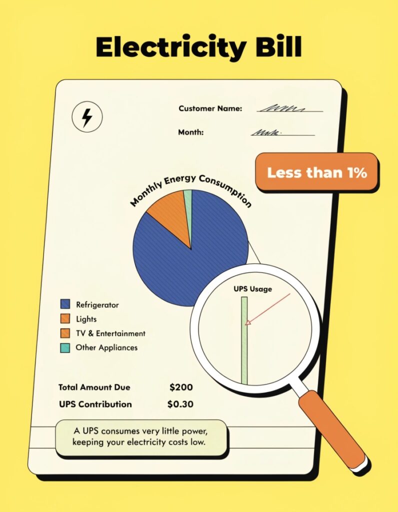 An infographic showing an electricity bill with a tiny sliver marked 'UPS Usage', highlighting its low energy consumption