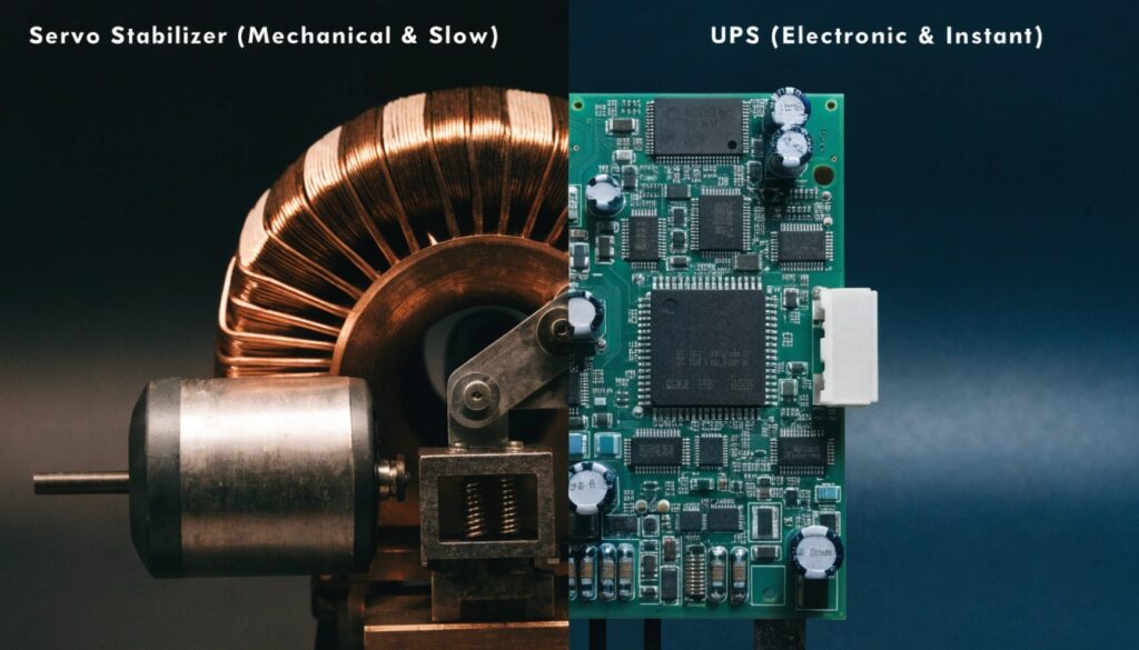 An image comparing the large, mechanical components of a servo stabilizer with the compact, solid-state circuit board of a UPS.