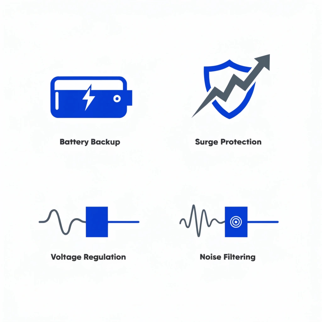 An icon-based graphic showing the four main functions of a UPS: a battery (backup), a shield (surge protection), a wavy line becoming straight (regulation), and a filter.
