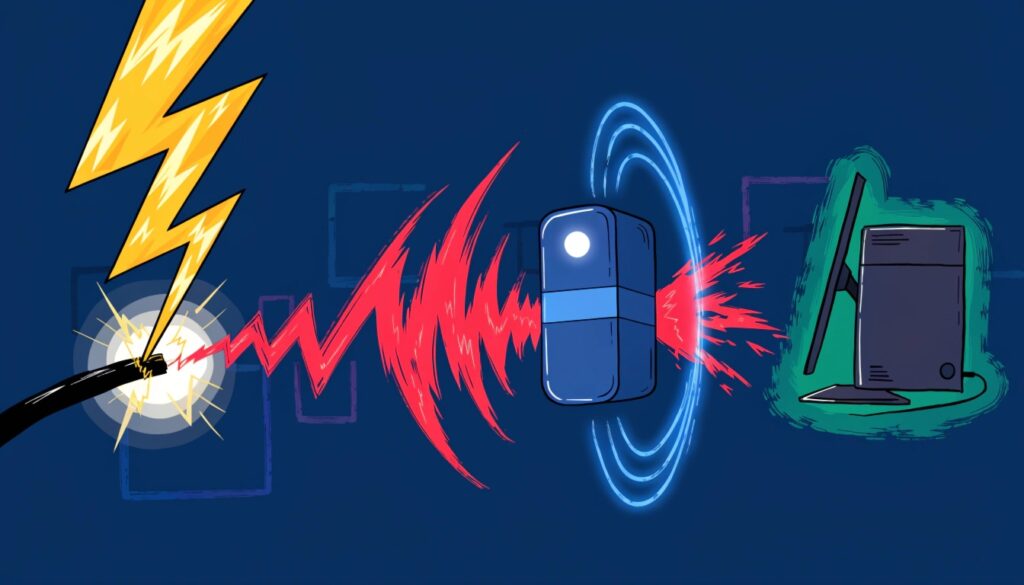 An illustration showing a lightning bolt hitting a power line, with the resulting surge being blocked by a UPS shield before it can reach a computer.
