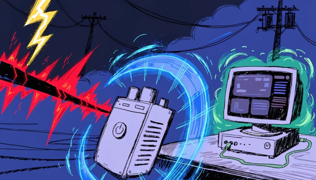 An animation-style image showing a lightning bolt hitting a power line, a surge traveling down the line, and being stopped cold by a UPS, with a computer on the other side remaining safe