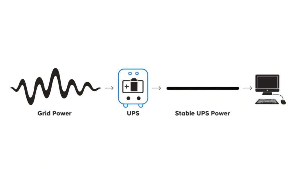 A simple graphic showing a wavy, unstable line labeled 'Grid Power' and a straight, clean line labeled 'UPS Power' pointing to a PC