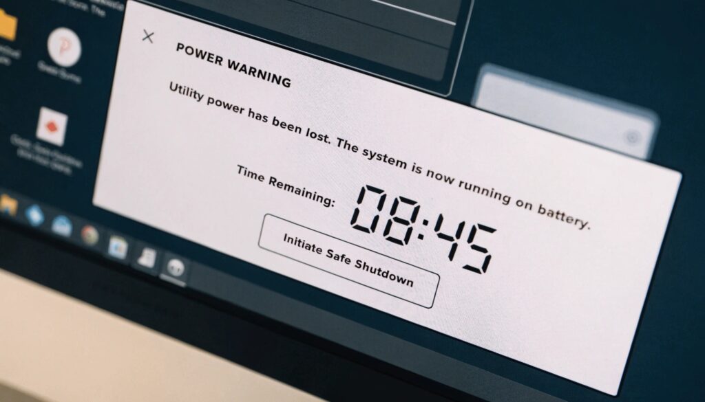 A screenshot of a computer screen showing a 'Low Battery' warning from the UPS software, with a countdown timer showing '8 minutes remaining'