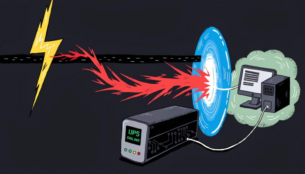 An illustration showing a lightning bolt hitting a power line, with the surge being blocked by a UPS acting as a shield before it can reach a computer.
