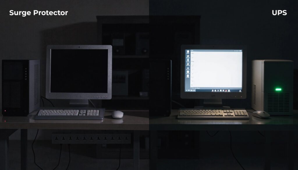 A split image. One side shows a power strip plugged in during a blackout, with the connected PC screen black. The other side shows a UPS keeping a PC's screen lit during the same blackout.
