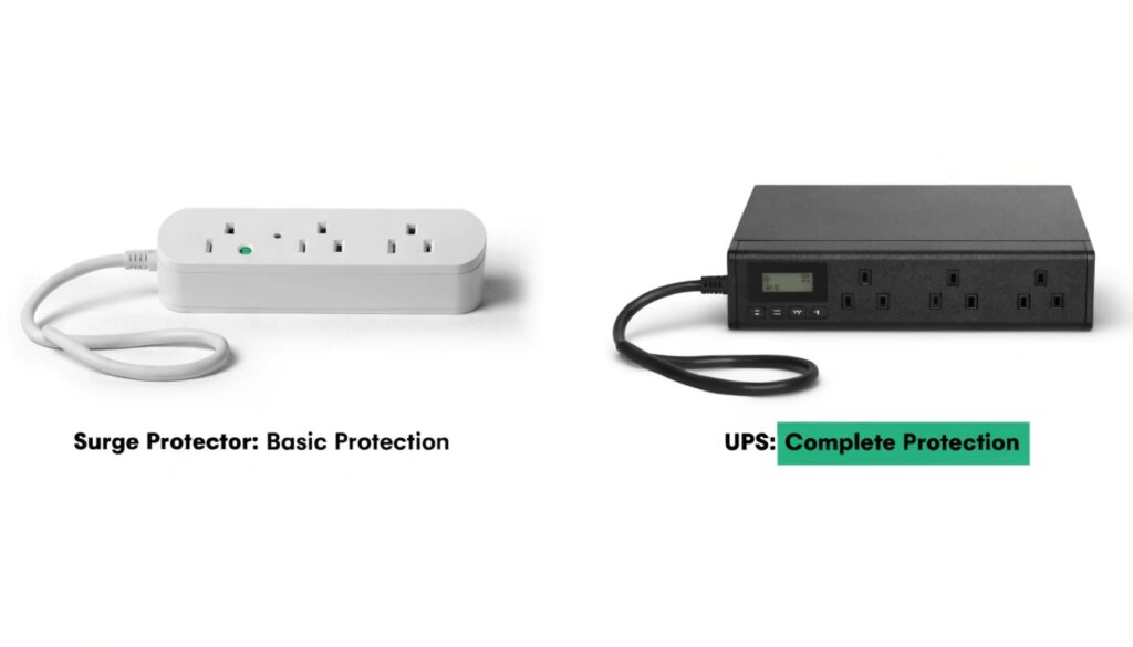 A simple surge protector power strip next to a much more robust-looking UPS unit, with a clear label of superiority on the UPS.