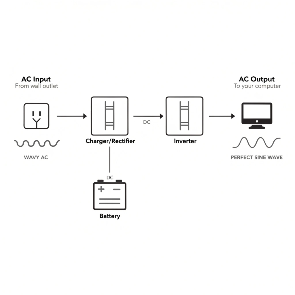 A simple block diagram showing the key parts of a UPS: AC Input, Charger, Battery, Inverter, and AC Output to devices.