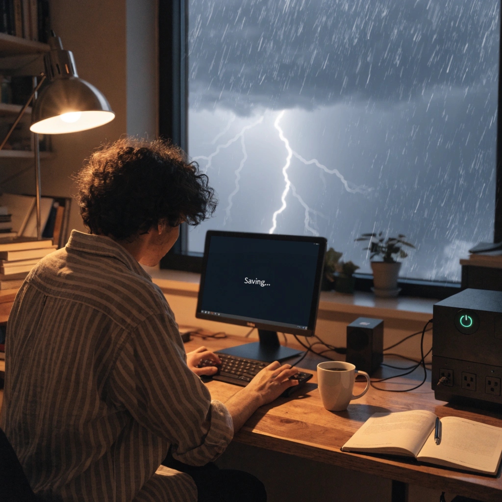 A person at a desk calmly saves their work on a PC during a thunderstorm outside, with the UPS next to the desk lit up.