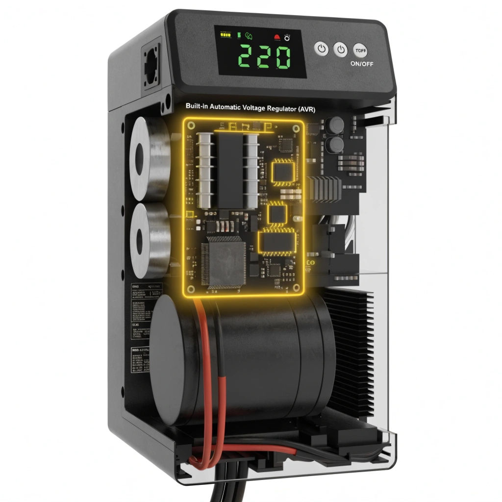 A cutaway view of a UPS, highlighting the internal Automatic Voltage Regulator (AVR) circuit with a label.