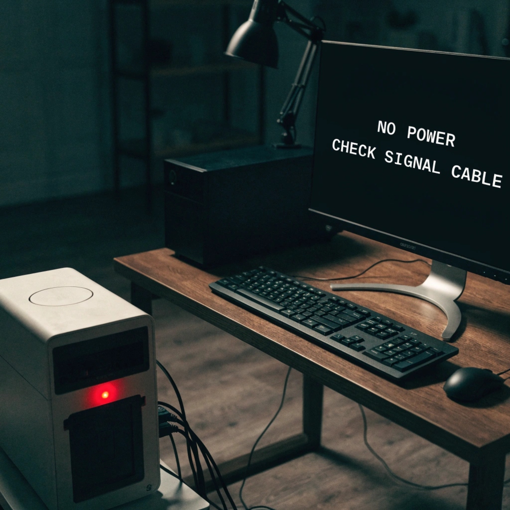 A UPS with its battery compartment open and empty, with a connected computer screen showing a 'No Power' error.